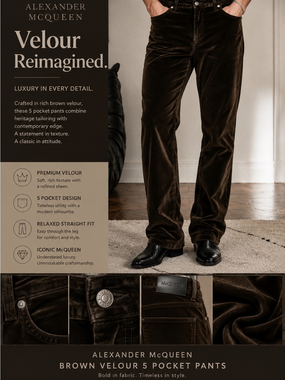Alexander McQueen Brown Velour Straight-Leg Men's Pants